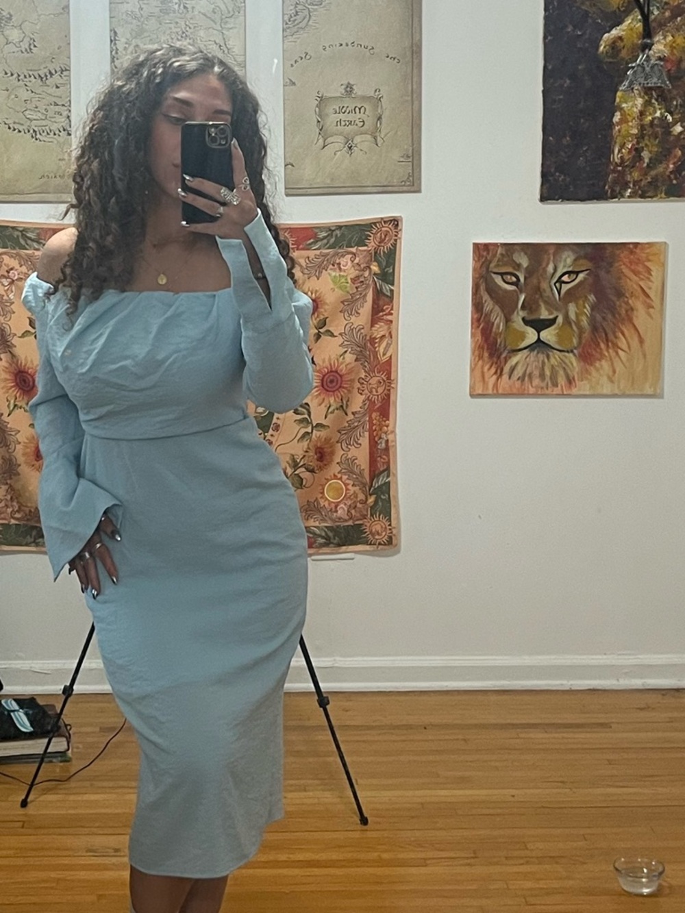 Light Blue Off-Shoulder Midi Dress with Long Sleeves - Women